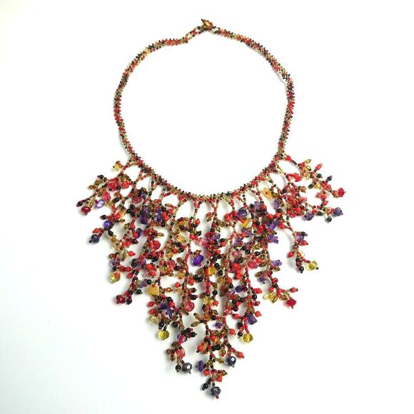 Jewelry - Fringe Dangle Bib Statement Necklace Chunky Stone Beaded Boho Festival Colorful